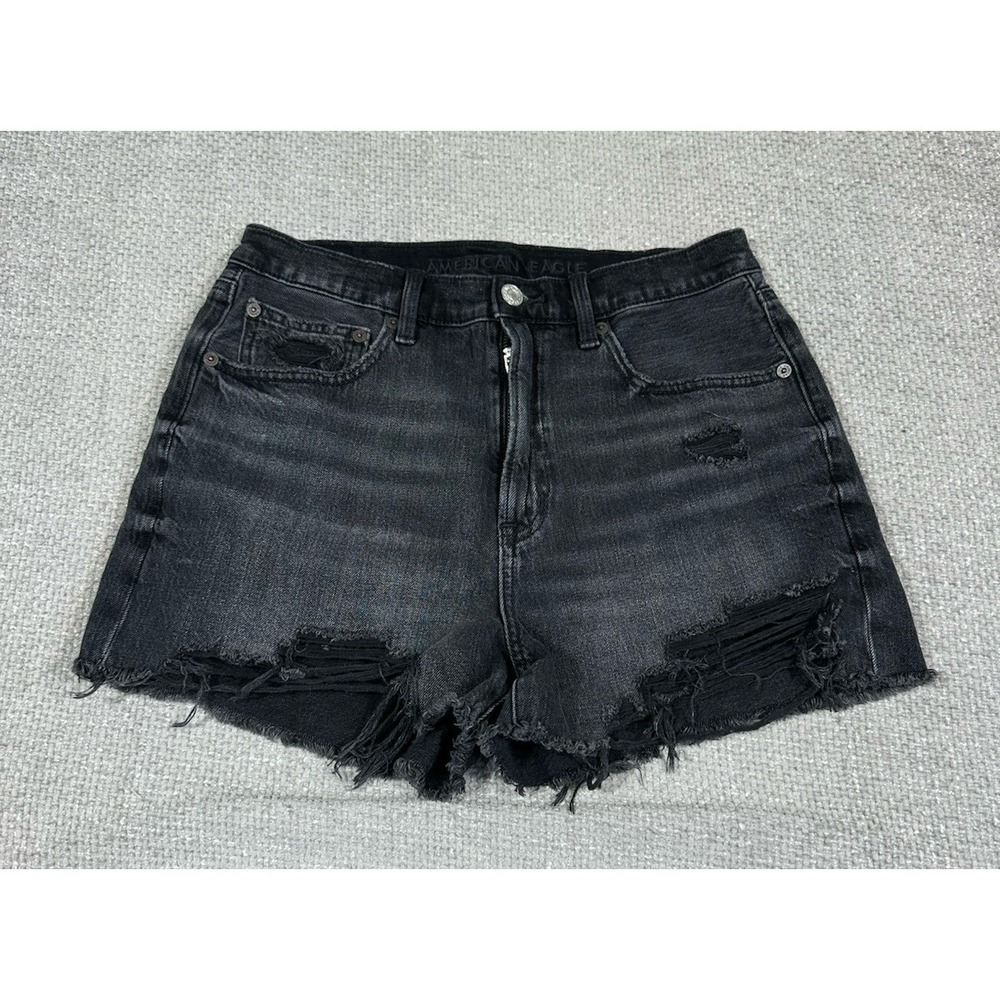 American Eagle Jean Shorts Womens‎ 6 Black Distressed Highest Rise 90s Boyfriend